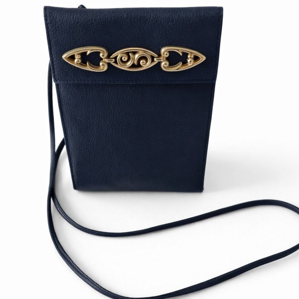 Brighton One World Crossbody Bag Women Black Leather‎ Gold Scroll Hardware